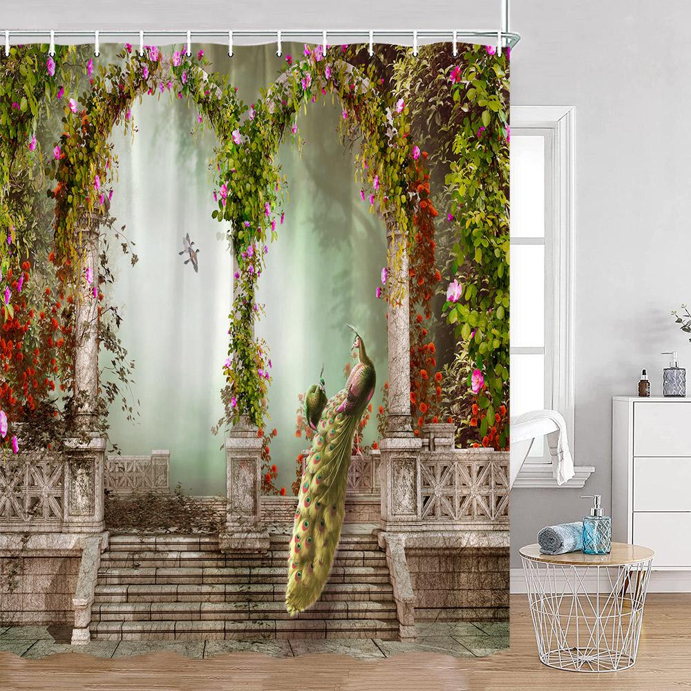 European Style Arch Architecture Shower Curtains Green Vine Peacock Elegant Bathroom Decor Roman Column Vintage Art Bath Curtain