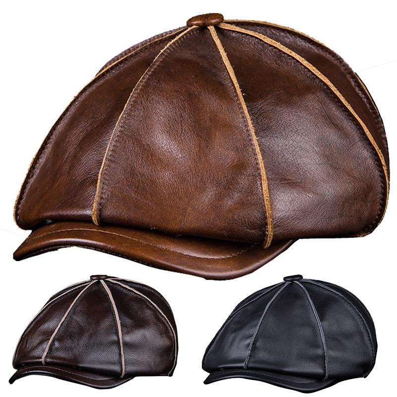 Men's 100%Genuine Cowhide Leather Warm Octagonal Cap Casual Vintage Newsboy Cap