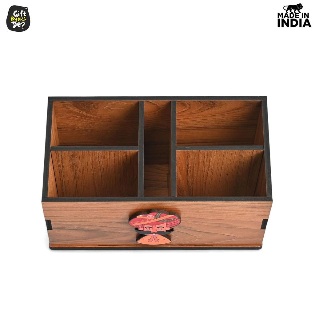 Remote Stand with 5 Sections  Wooden Remote Holder for Living Room, TV, and AC Stationary Organizer 5 in 1Ideal for Home and Office (Brown Rajasthan)