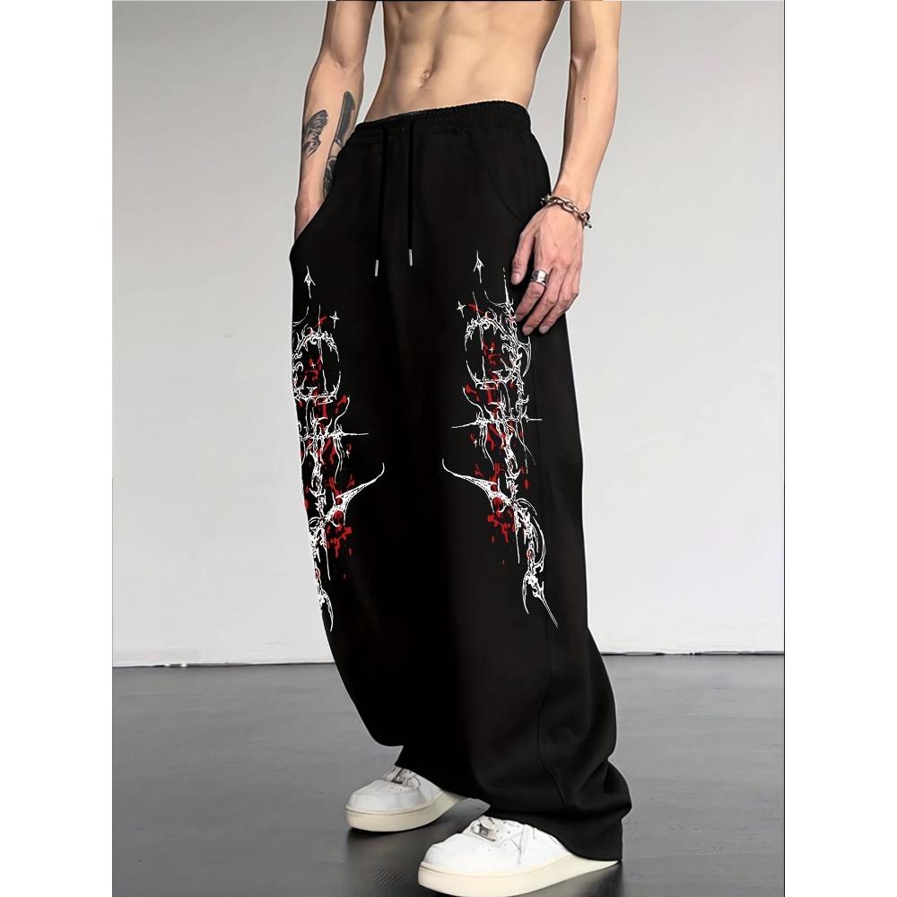 Men's Irregular Pattern Printed Drawstring Waistband Sports Pants, Casual and Comfortable, Classic Wide Leg Pants