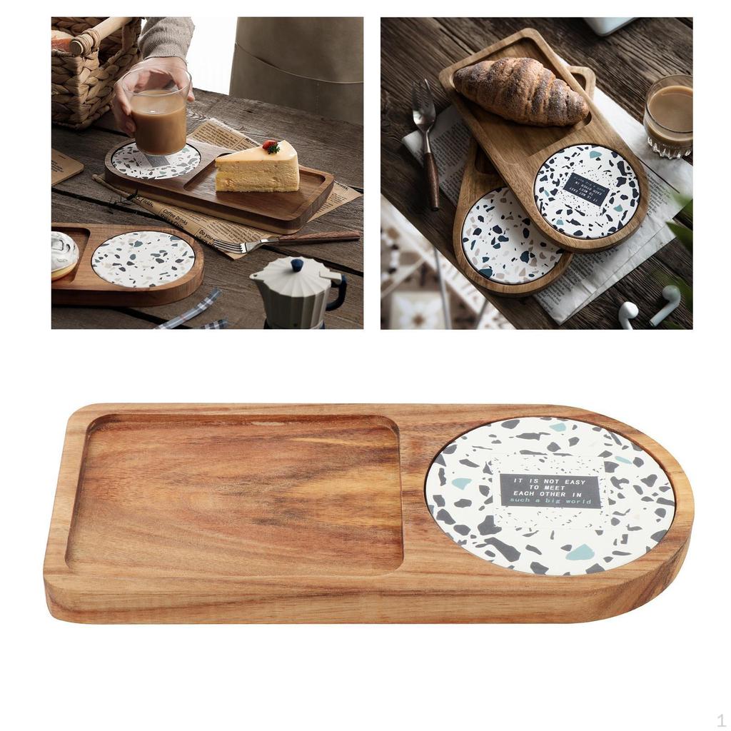 Elegant Wooden Tray Set with Ceramic Coasters for Dining