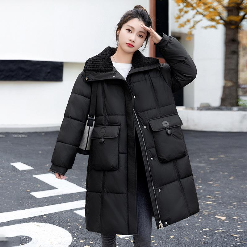 Down Cotton Jacket Women's Mid-length Winter Thickened and Explosive High-end Small Man Padded Jacket Korean Cargo Lamb Wool Cotton Jacket