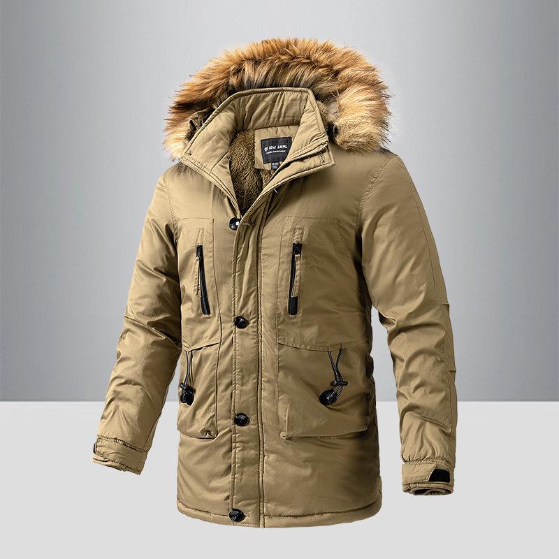 Big Fur Collar Tooling Medium and Long Cotton-padded Clothes, Washed Jackets, Men's Warm Jackets, Plush and Thickened Jackets.