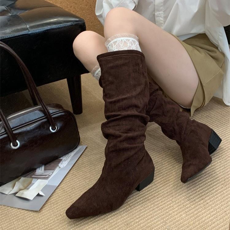 Design Pleated Woman Knee-High Boots Fashion Pointed Toe Long Booties Autumn Winter Square Heels Slim Shoes