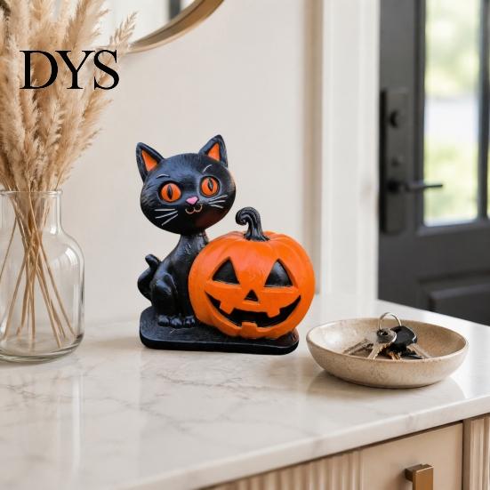 Durable Halloween Party Supplies Black Cat Pumpkin Skull Resin Statue, Cute Decoration for Artistic Desk Decor Indoor Outdoor Yard Table Decor,
