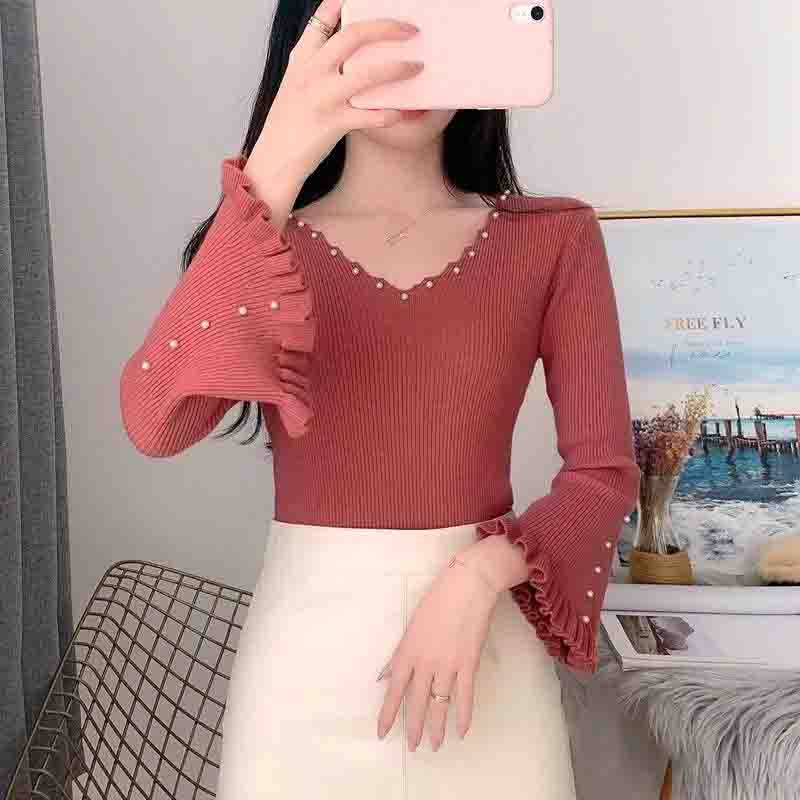 Knitwear Women's V-neck Long-sleeved Sweater Women's Outer Wear Beaded Fashion Casual Pullover Bottoming Shirt