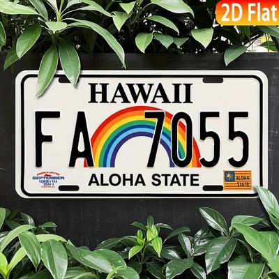 Značka s licenční značkou Havaje - Hliněná nástěnná dekorace, , Značka auta státu Aloha s duhou a tropickým designem, Ideální pro domov, bar