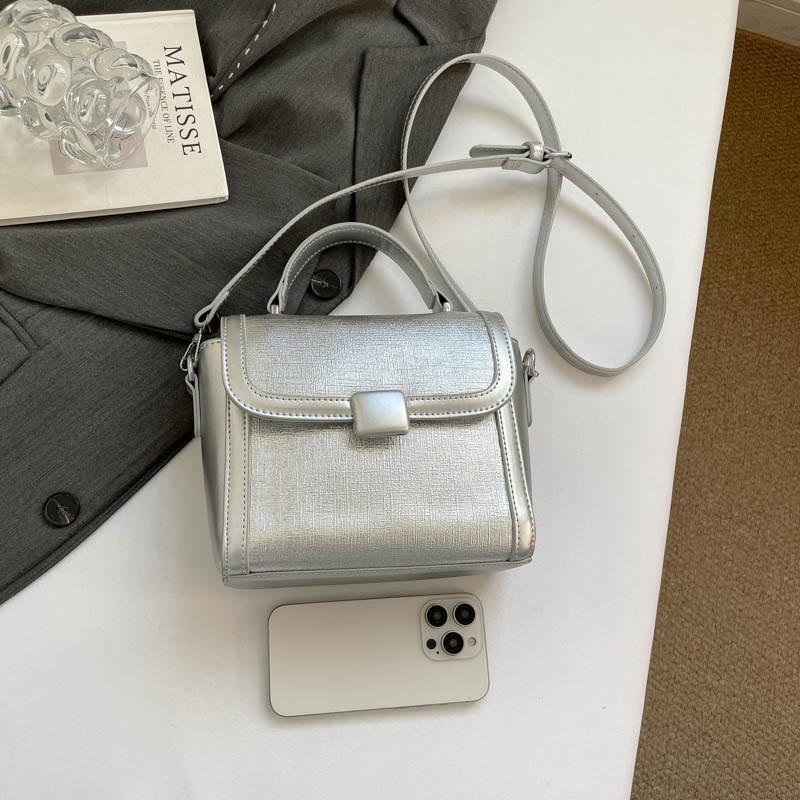 Fashion Metallic Silver Mini Satchel Bag Elegant Womens Shoulder Bags Versatile PU Leather Ladies Crossbody Purse Square Handbag