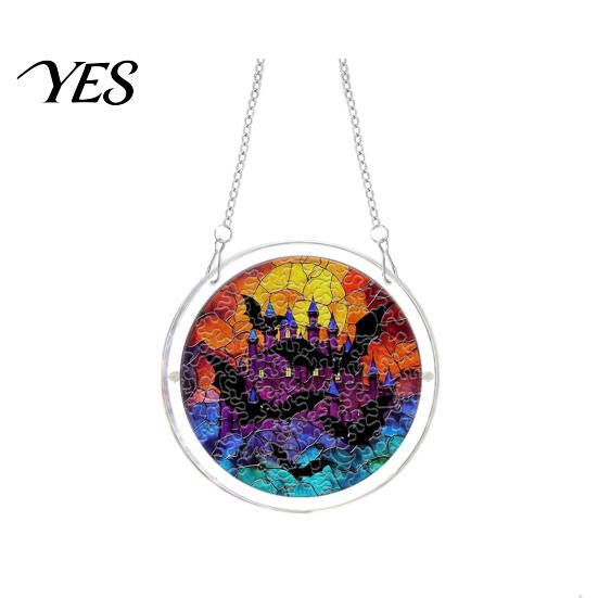 UV Printed Suncatcher Halloween Scary Bat Pumpkin Acrylic Jigsaw Puzzle Suncatcher, Stained Glass Style Unique Sun Catcher Gift Window Hanging