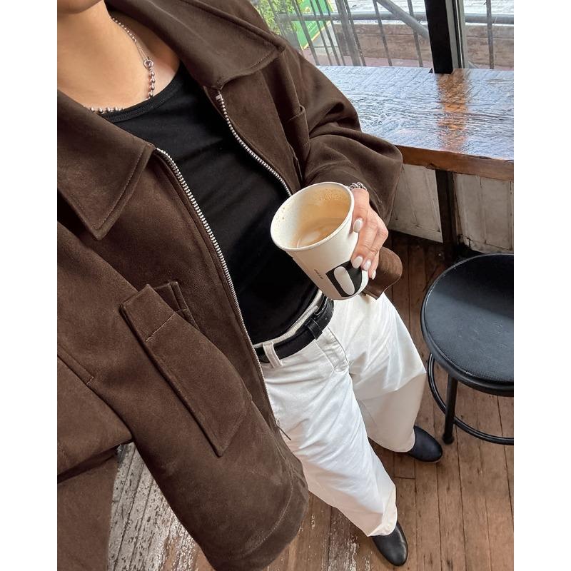 Women Vintage Loose Brown Suede Jacket Casual Fashion Outerwear For Ladies