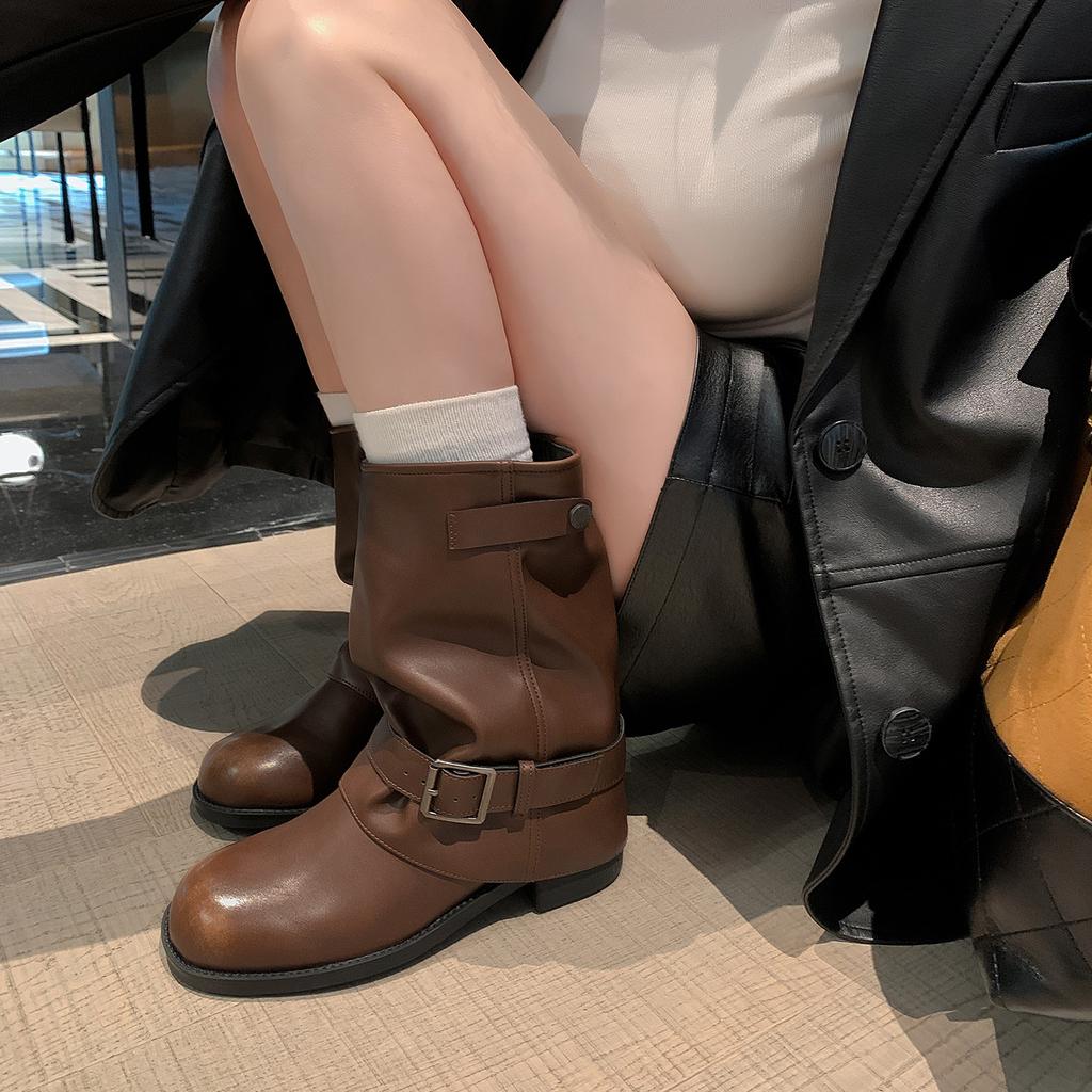 Genuine leather~ retro trouser tube short boots women's thick heel 2025 new pleated stacked Martin boots western cowboy knight boots