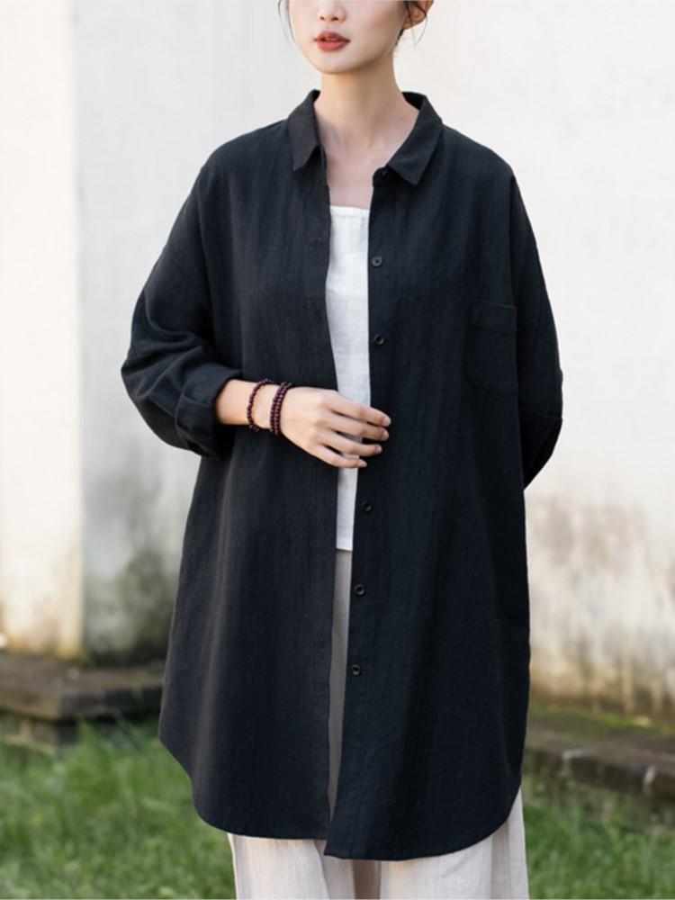 

Johnature Жіночі однотонні весняні сорочки середньої довжини Відкладні топи з кольоровими ґудзиками Рамі Повсякденні жіночі блузки One Size чорний