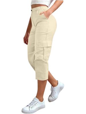 Women's Solid Color High Waist Cargo Pants with Pockets, Casual Travel Style, Loose Straight Leg, Three-Quarter Length.