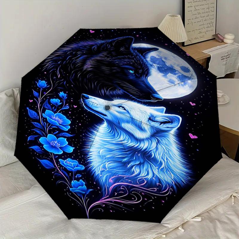 Blue Moon Wolf Floral Design Automatic Opening/Closing Umbrella with Foldable Design, Iron Frame, Outdoor Use, Festival Gift for Fans, Trave
