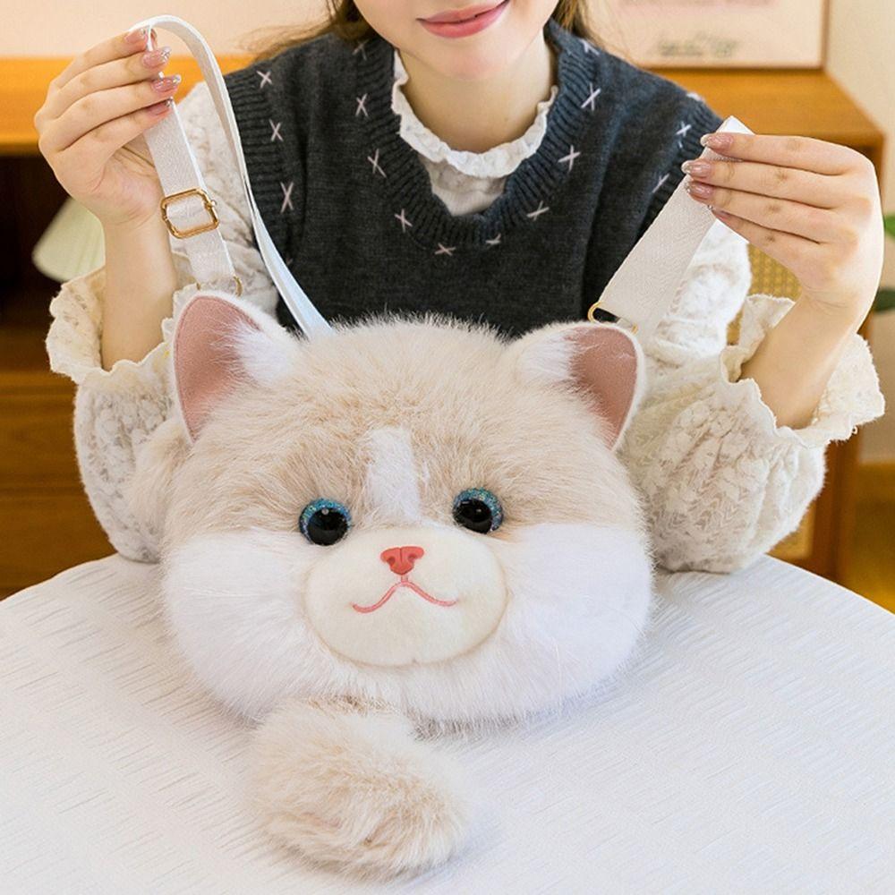 New Cute Cat Animal Shoulder Bag Detahable Strap Fluffy Bag Soft Crossbody Bag Gifts