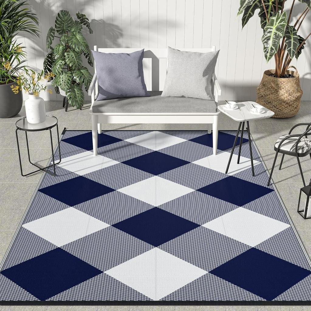 Retro Plaid Pattern Outdoor Carpet Geometrice Home Living Room Balcony Mat Camping Picnic Decorative Rugs Washable