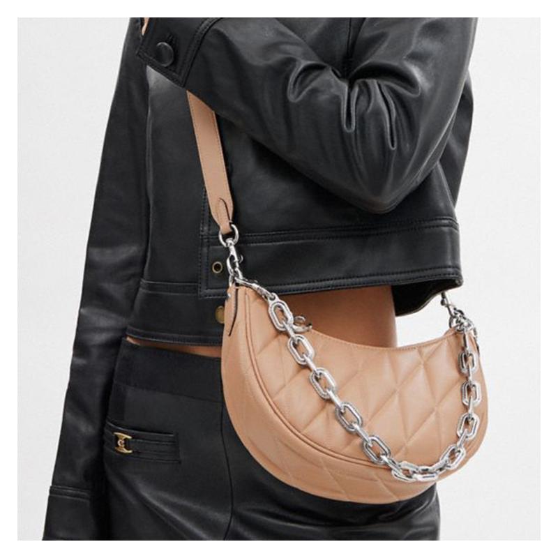 Coach Mira SHOULDER Abnehmbarer Schultergurt Einfacher Reißverschluss mit Strasssteinen Leder Schulter-Crossbody-Handtasche Mittelgroß Damen Hellkhaki