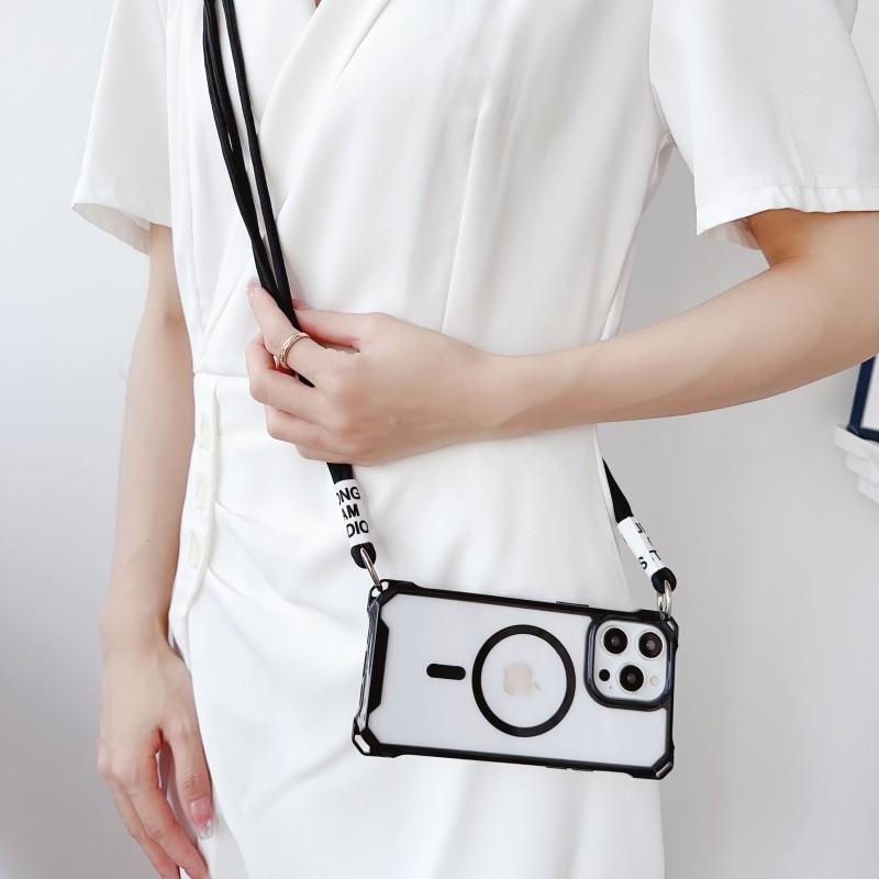 Magnetic Strap Case For iPhone 17 15 13 12 11 14 16 Pro Max Plus Magsafe Crossbody Lanyard Necklace Rope Transparent Clear Cover