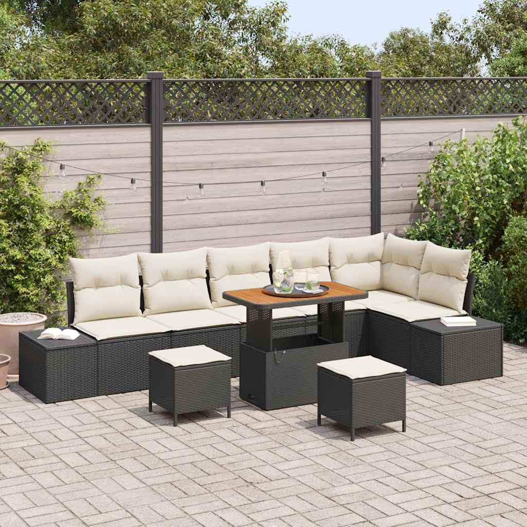 9 Piece Garden Sofa Set with Cushions Black Poly Rattan