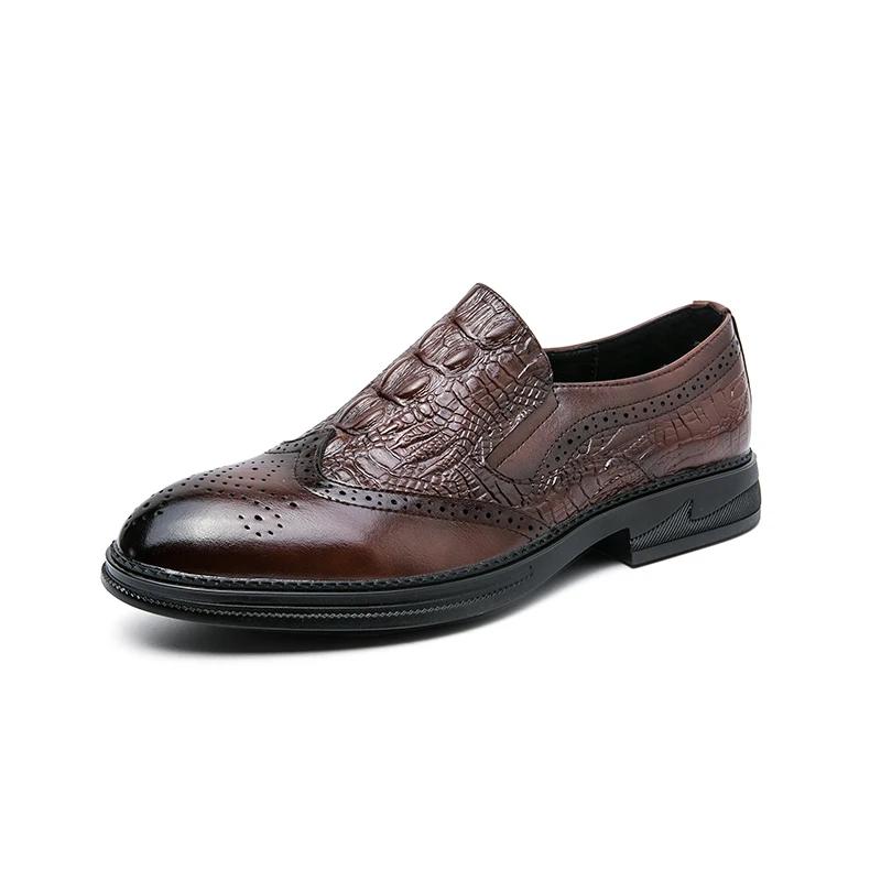 New Crocodile Vintage Men Shoes Formal Dress Casual Leather Shoes Business Wedding Loafers Designer Brogue Office Shoes