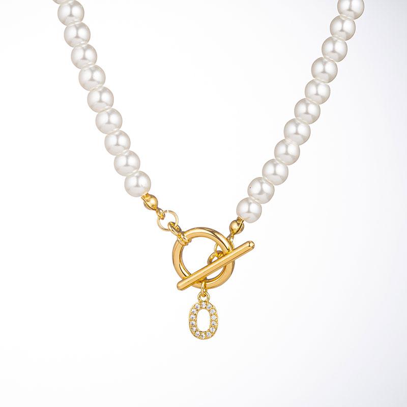 Zircon Crystal Initial A-Z Letter Pendant Necklace for Women Toggle Clasp Imitation Pearls Necklaces Wedding Jewelry Gift