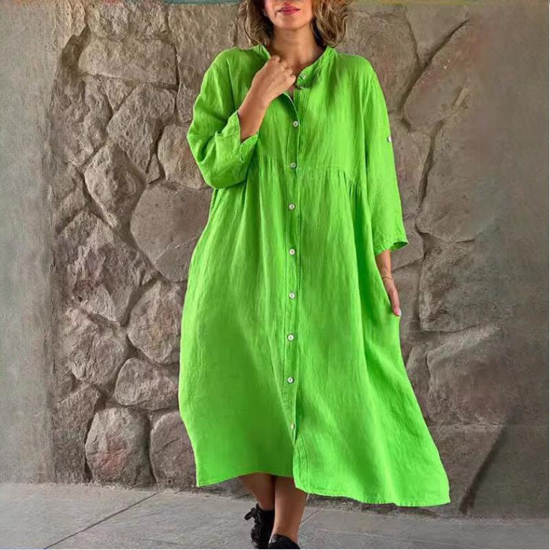 

GMXIA Женское повседневное длинное платье из хлопка и льна однотонной расцветки на пуговицах S зелёный