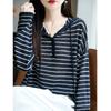 Womens Lightweight Wool Blend Hooded Sweater Long Sleeve Colorblock Striped Knit Top Casual Loose Fit