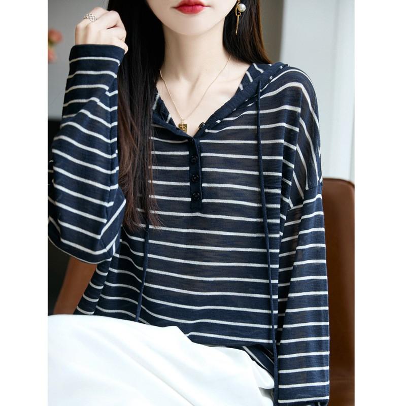 Womens Lightweight Wool Blend Hooded Sweater Long Sleeve Colorblock Striped Knit Top Casual Loose Fit