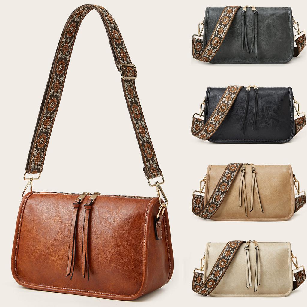 Retro PU Shoulder Bag for Women Solid Color European and American Fashion Bohemian Wide Shoulder Strap Crossbody