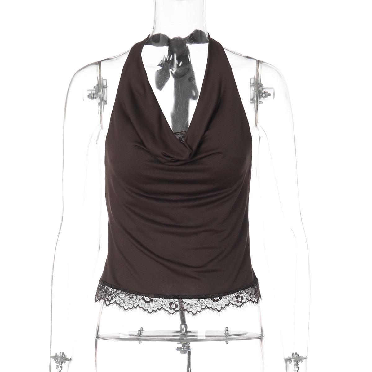 Lace Splicing Halter Tank Top: Spring/Summer 2025 Slimming Lace-up for Women Medium кофейный
