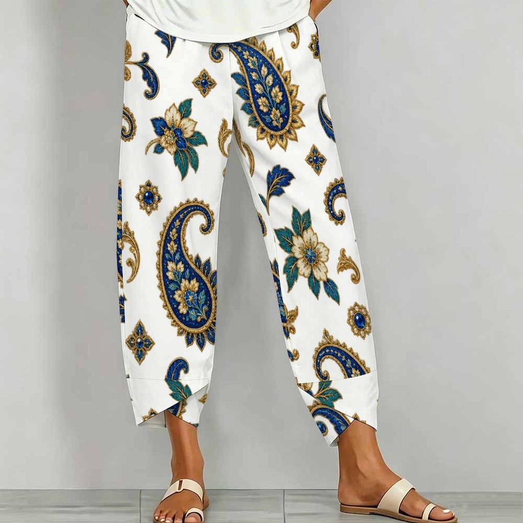 Women Plus Size Navy Blue Floral Paisley Printed Loose Cross Hem Cropped Pants With Pockets