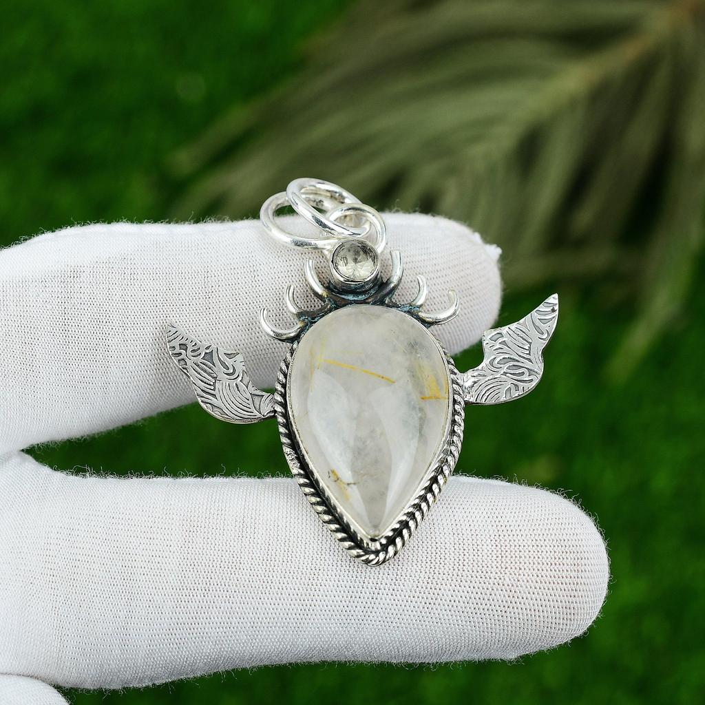 Golden Rutile Gemstone Topaz Sterling Silver Handcrafted Boho Pendant Jewelry