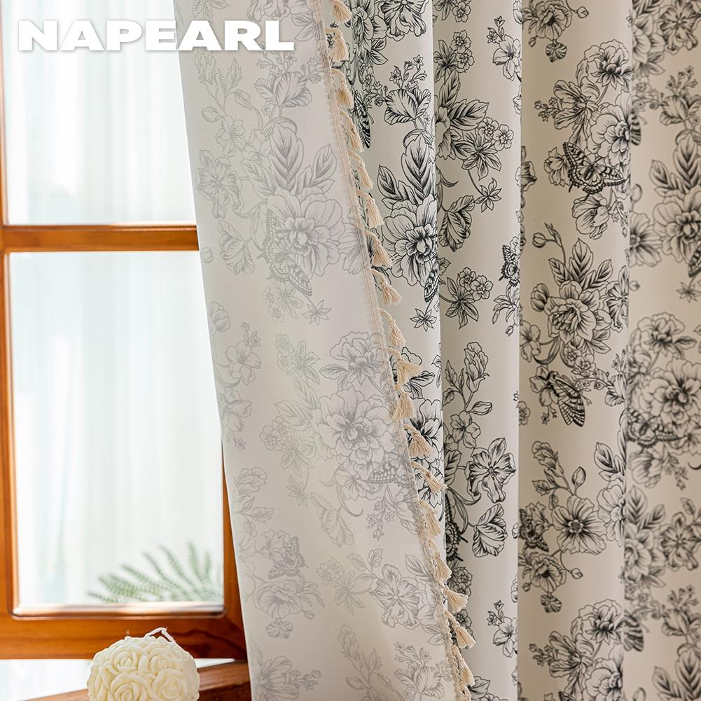 1PC NAPEARL Retro Black and White Floral Curtains with Tassel Edges and Semi Blackout Curtains for Window Kitchen Bedroom Living Room Home Decor