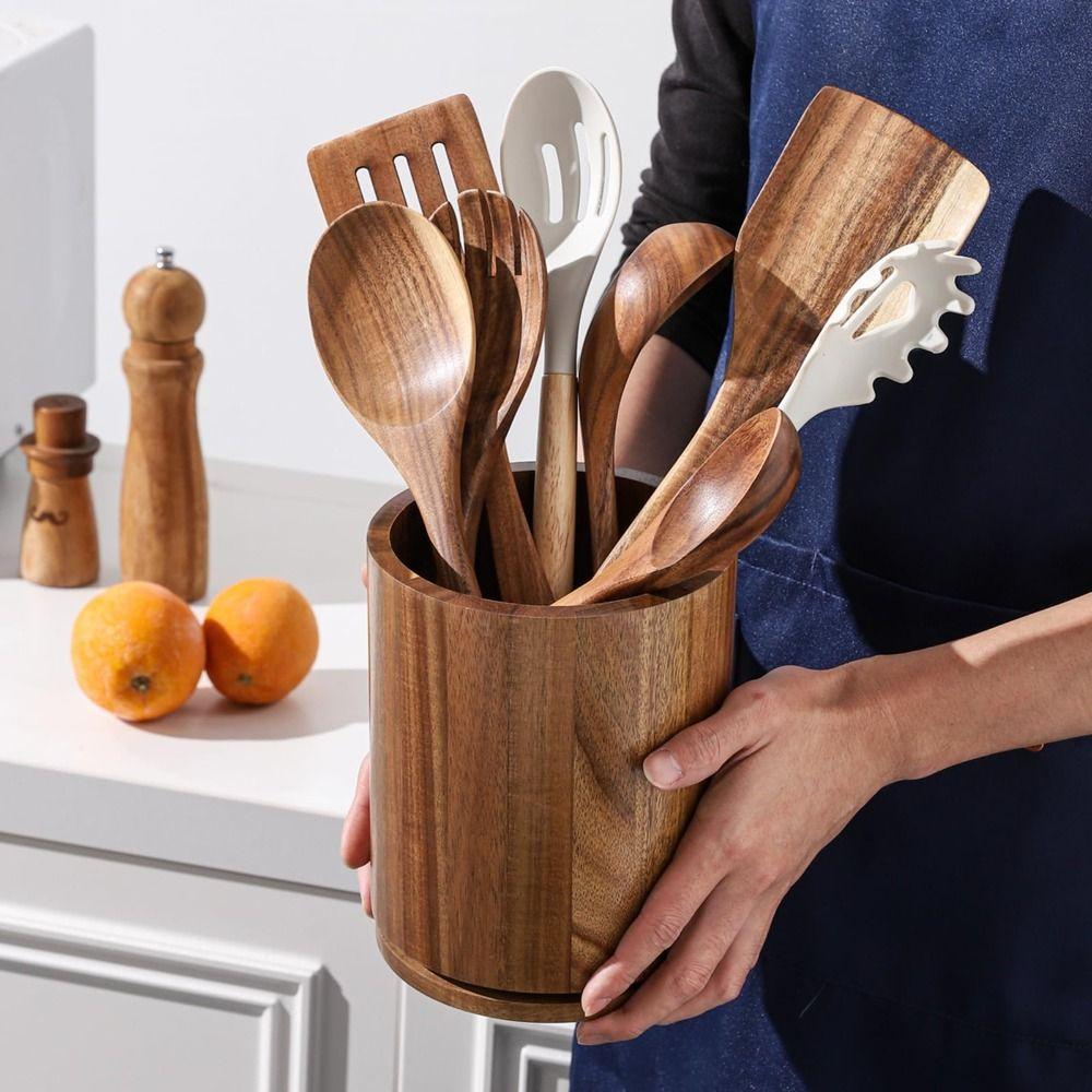 360° Rotating Cutlery Holder Wooden Storage Rack New Kitchen Utensil Holder  Countertop Use