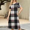 Damen kariertes bedrucktes lässiges und modisches kurzärmeliges Rundhalskleid