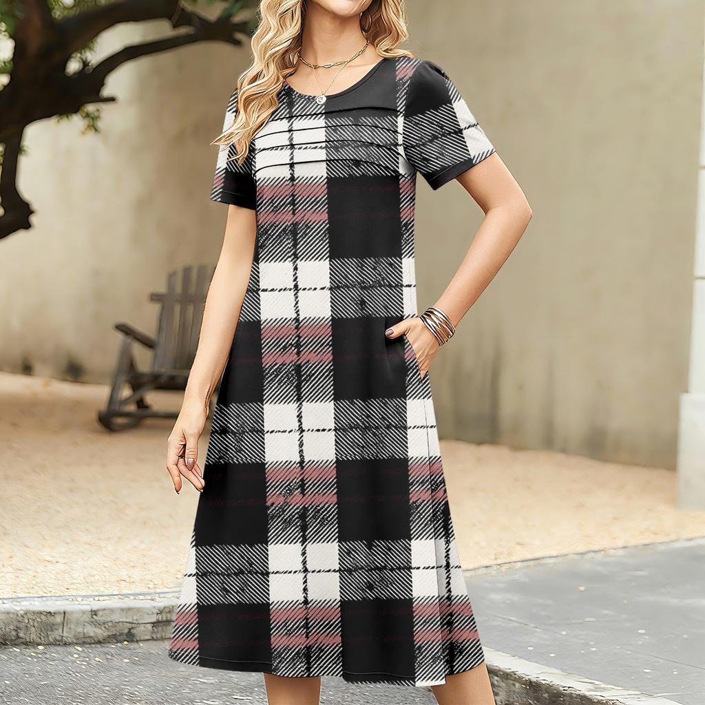 Damen kariertes bedrucktes lässiges und modisches kurzärmeliges Rundhalskleid
