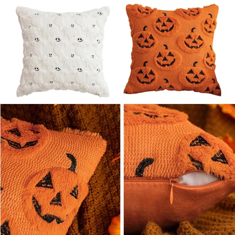 Spooky Themed Plush Pillow Cover Nursery Bedroom Decors Ghostly Pattern Throw Pillowcase for Sofa Couch Halloween Accessory