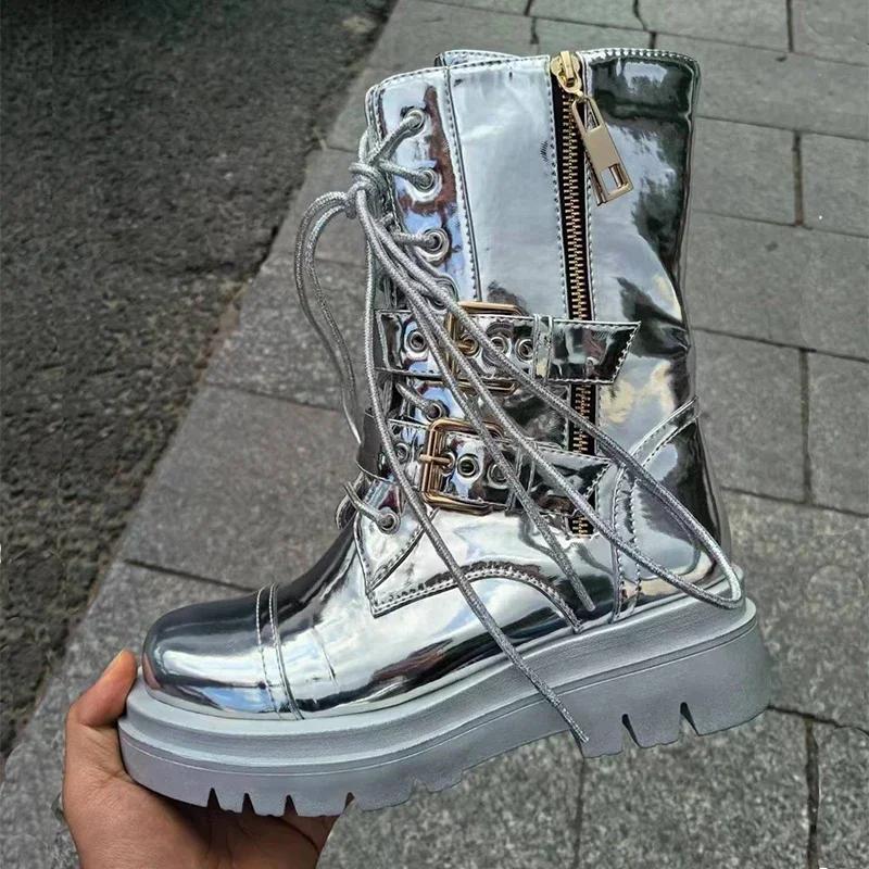 Fashion Silver Belt Buckle Cross Strap Rhinestone Short Boots Casual Motorcycle Thick Sole Knight Boots Women Winter Silver  Boots