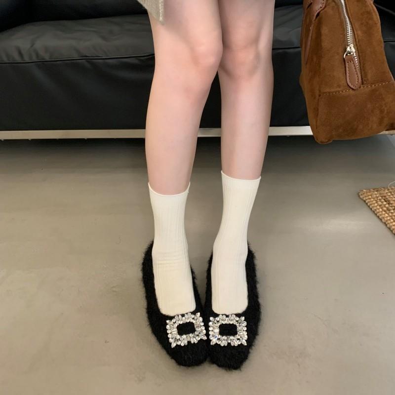 2025 Autumn and Winter New French Gentle Flat-bottomed Fluffy Women's Shoes Fairy Wind One Pedal Velvet Warm Ladyshoes Versatile