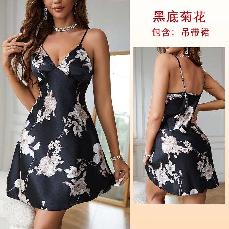 

Sexy Sexy French Ice Silk Pajamas Big Flower Sweet Suspender Pajamas L