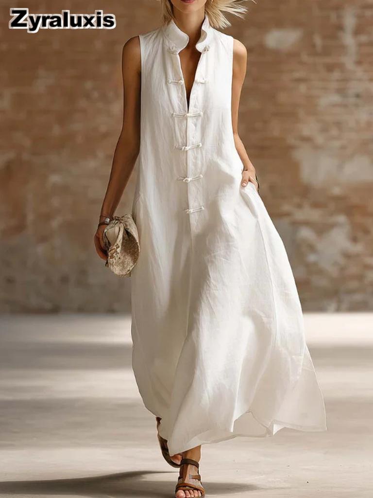 Summer New Solid Women's Linen Long Sleeveless Dress