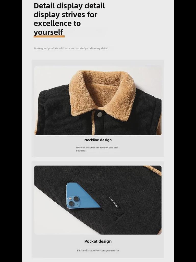 Vestă casual de exterior fără mâneci pentru bărbați, mărime plus, din piele de miel cu căptușeală de catifea