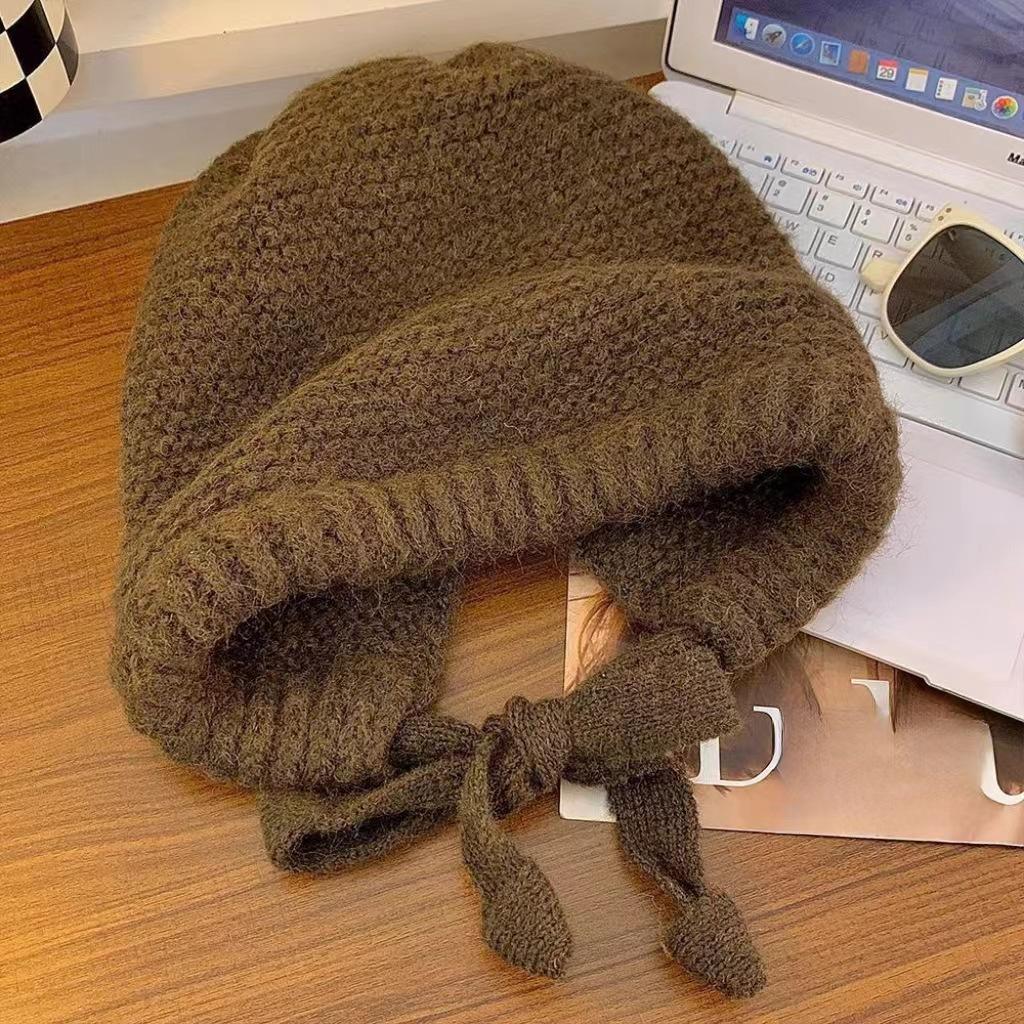 Adjustable vintage jacquard ethnic style women's autumn and winter tie-back ear-protecting knitted warm versatile beanie hat
