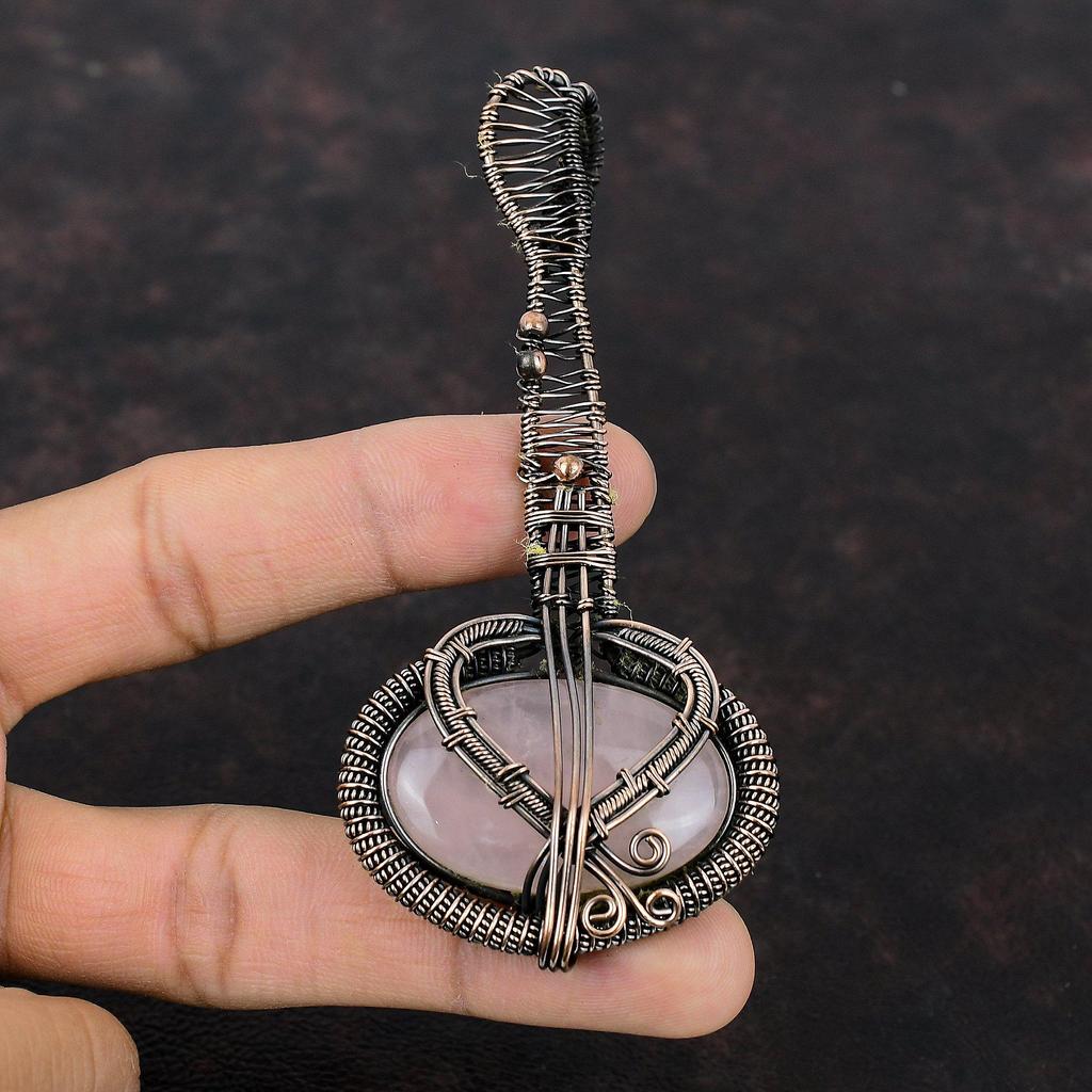 Rose Quartz Pendant Copper Wire Wrapped Pendant Guitar Pendant Copper Jewelry Handmade Pendant Gemstone Pendant Gift For Mother Wire Jewelry