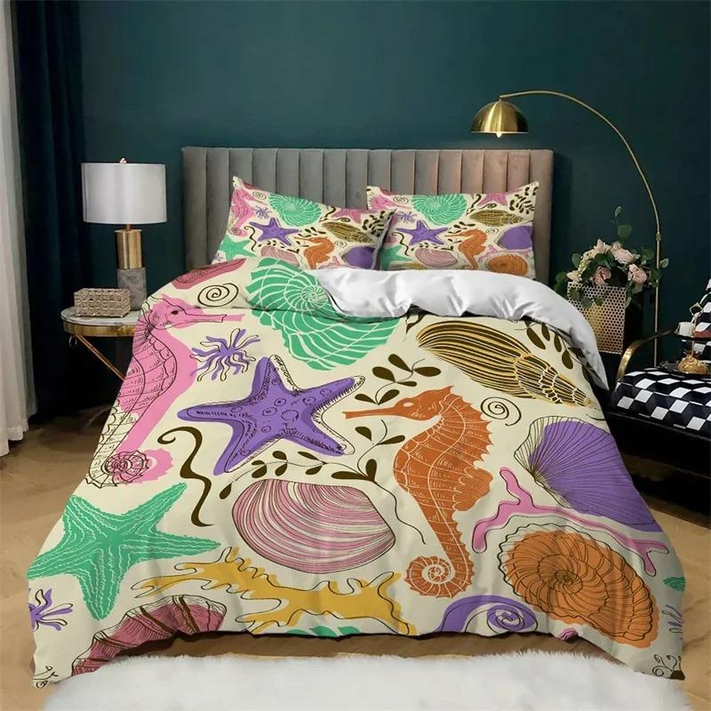 Ocean Bedding Set KingQueen Size Nautical Coastal Bedding Hippocampus Comforter Cover for Kids Boys Girls,Sea Animal Duvet Cover