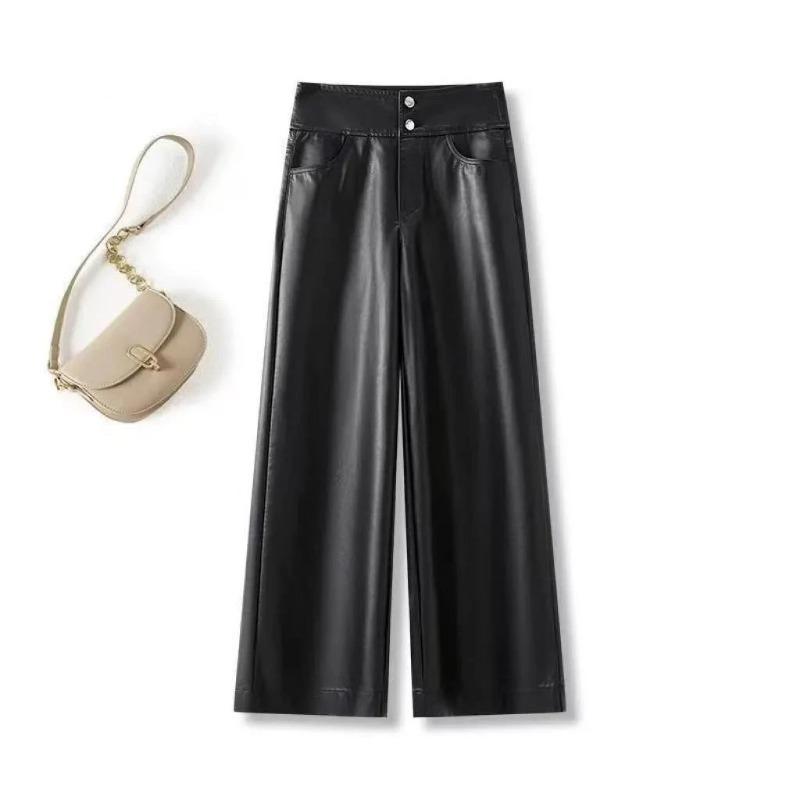 Women Autumn High Waist Faux Leather Wide Leg Pants