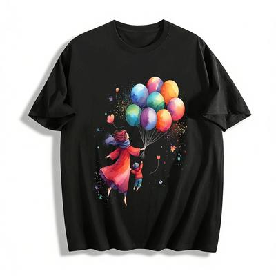 Watercolor Mother Child Balloon Print Long Sleeve Top Family Outfit Pure Cotton T-shirt