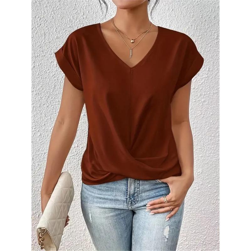 Autumn new products women's lightweight breathable V-neck T-shirt elegant knotted loose short-sleeved top women
