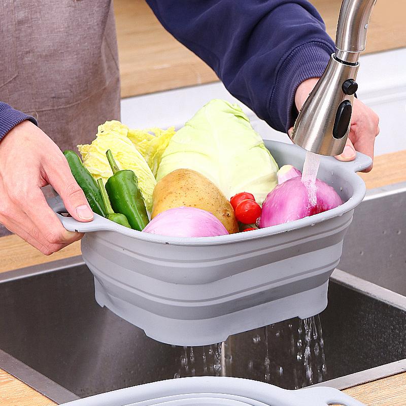 Food Grade Silicone Collapsible Colander, Foldable Fruit Vegetable Washing Basket, Heat Resistant Kitchen Strainer