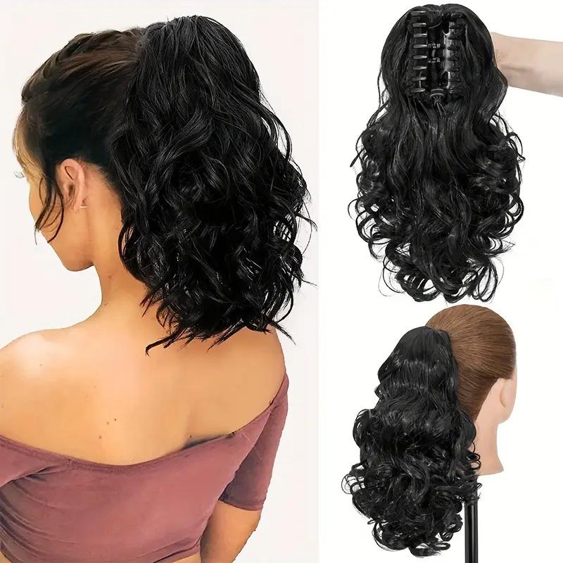 

10-дюймовый короткий конский хвост, классические свободные вьющиеся волнистые накладные волосы на заколках-конских хвостах, накладные волосы для женщин - пепельно-коричневый с платиновыми прядями